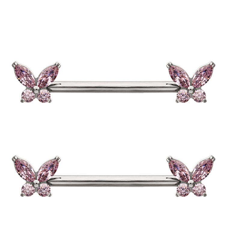 Butterfly Pink CZ Internally Threaded Titanium Nipple Barbell