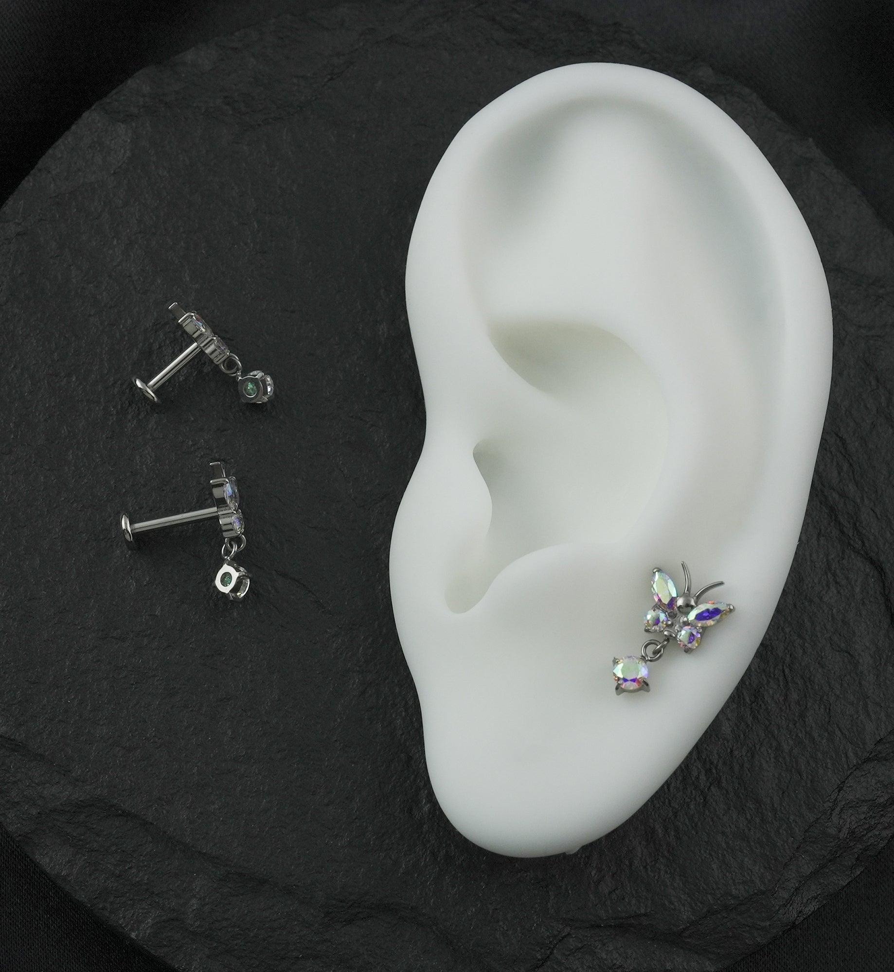Butterfly Rainbow Aurora CZ Dangle Internally Threaded Titanium Labret
