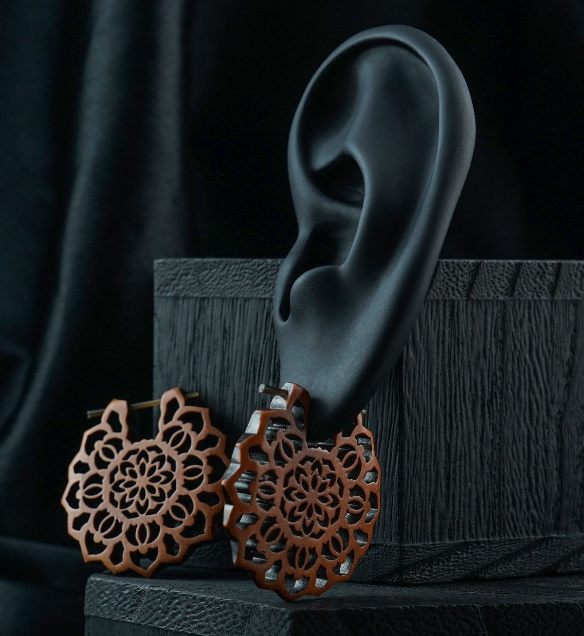 Carved Floral Sawo Wood Earrings