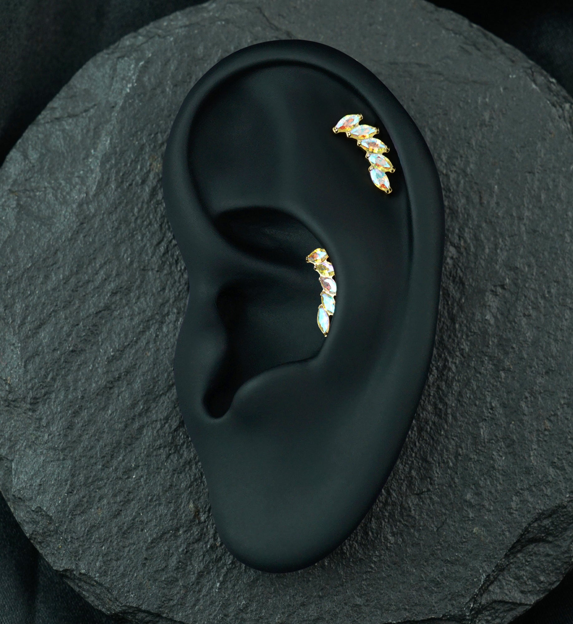 24kt Gold PVD Cascade Rainbow Aurora CZ Titanium Threadless Top