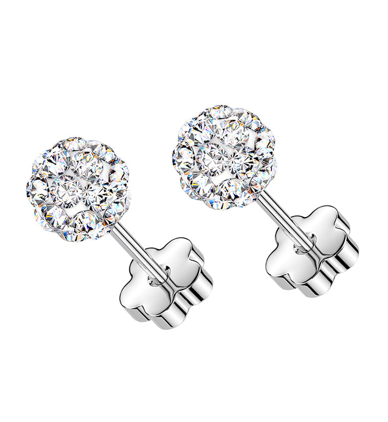 Clear Glitterball Stainless Steel Flower Back Stud Earrings