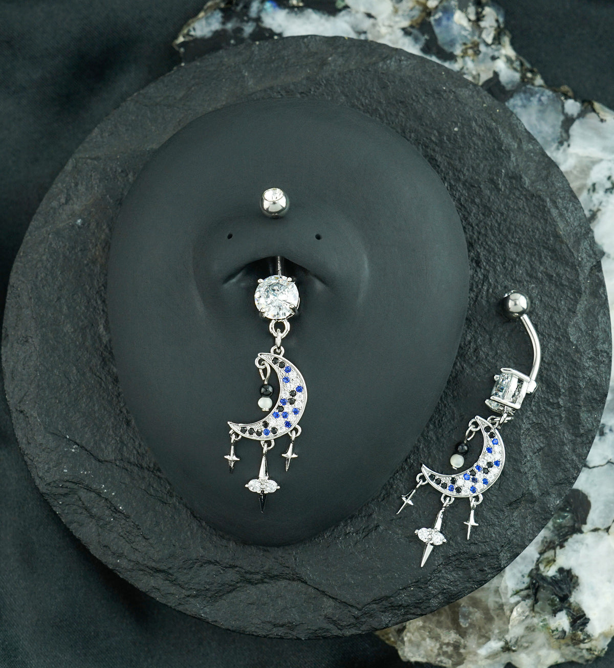 Crescent Moon With Triple Dangle Star Stainless Steel Belly Button Ring