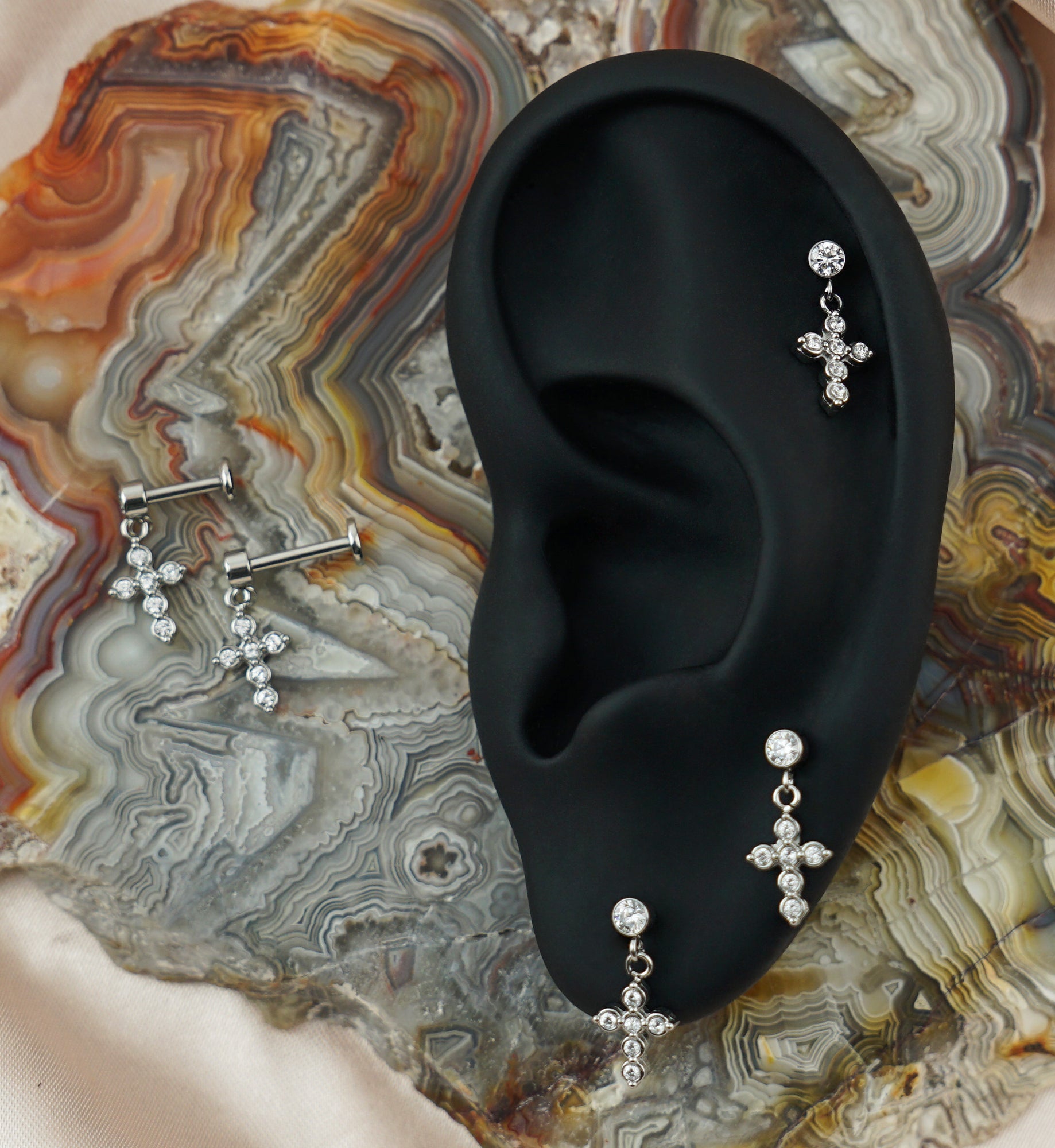 Cross CZ Dangle Internally Threaded Stainless Steel Labret