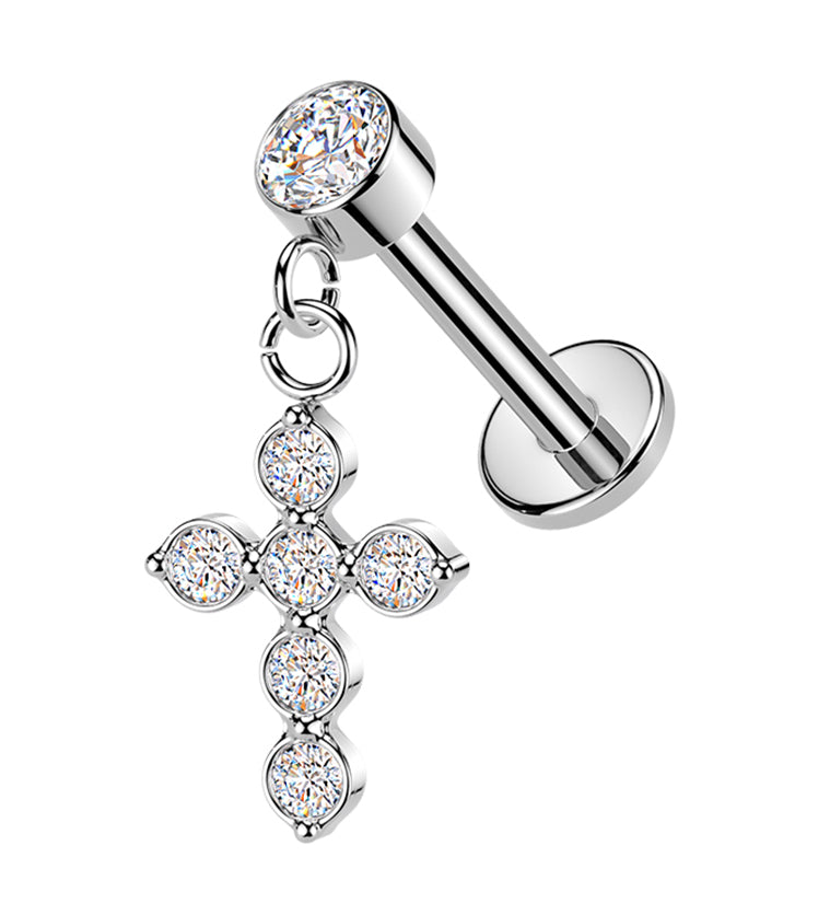 Cross CZ Dangle Internally Threaded Stainless Steel Labret