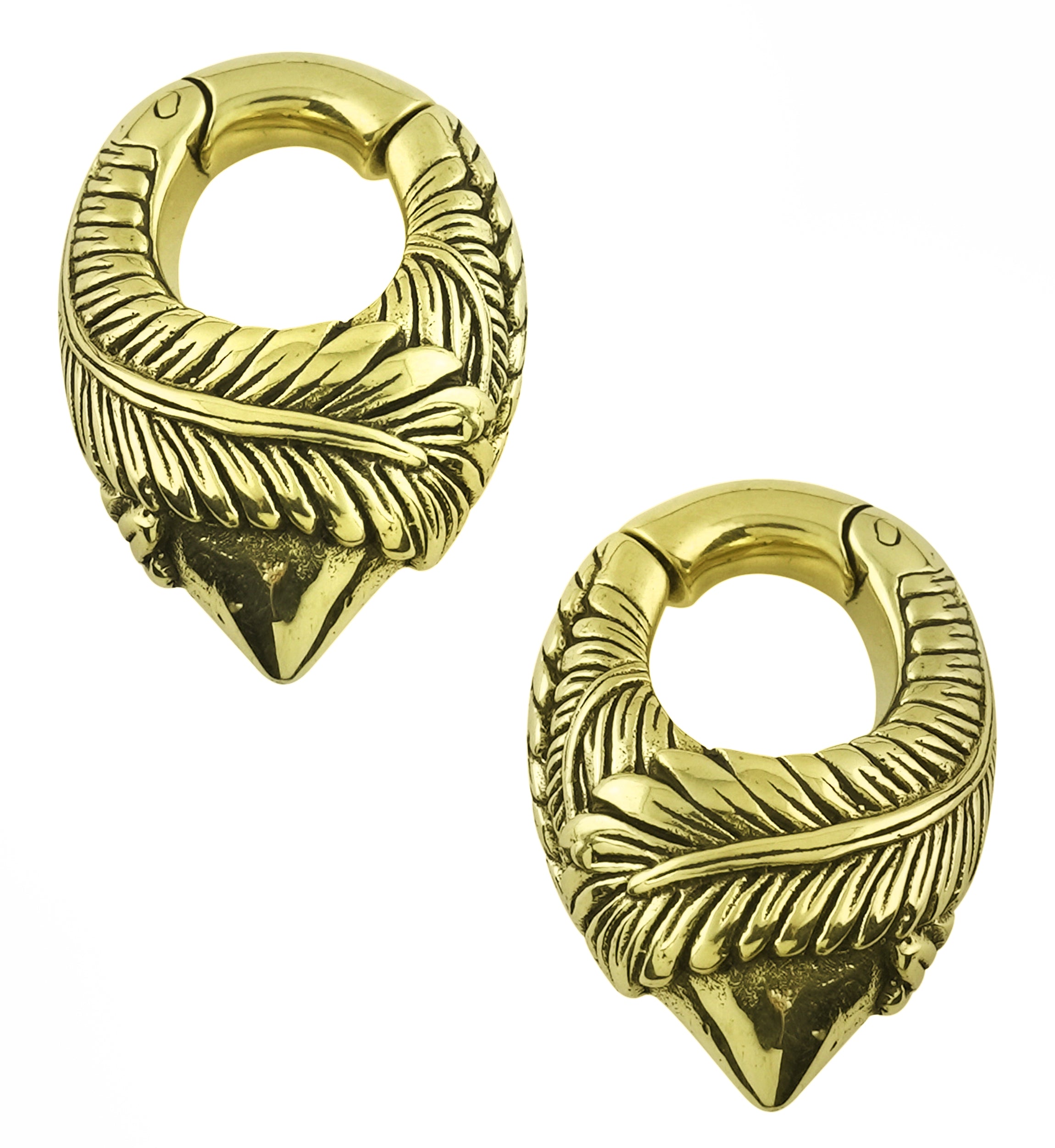 Crossed Feathers Keyhole Brass Hinged Ear Weights
