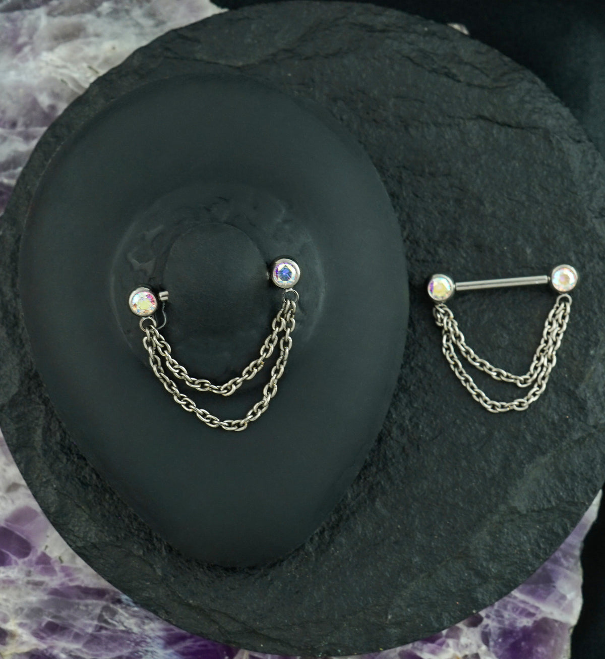 Dangle Chain Rainbow Aurora CZ Threadless Titanium Nipple Bars