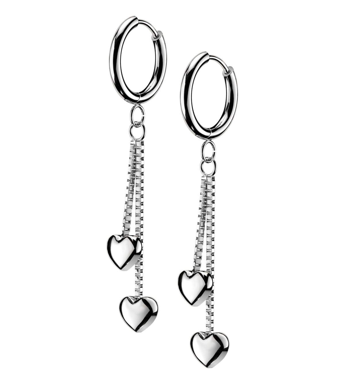 Double Heart Chain Stainless Steel Hinged Hoop Earrings