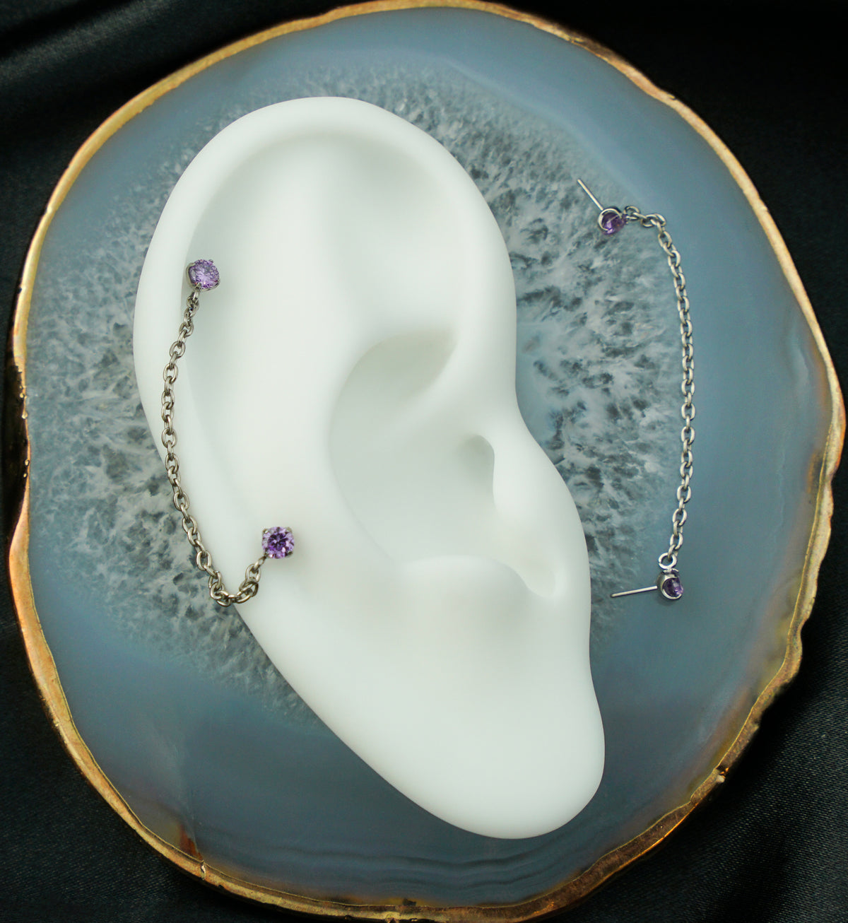 Double Prong Amethyst CZ Titanium Threadless Connector Rolo Chain Tops