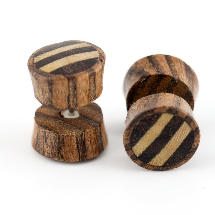 Zebra Wood Fake Gauges Plugs With Stripe Wood Inlay