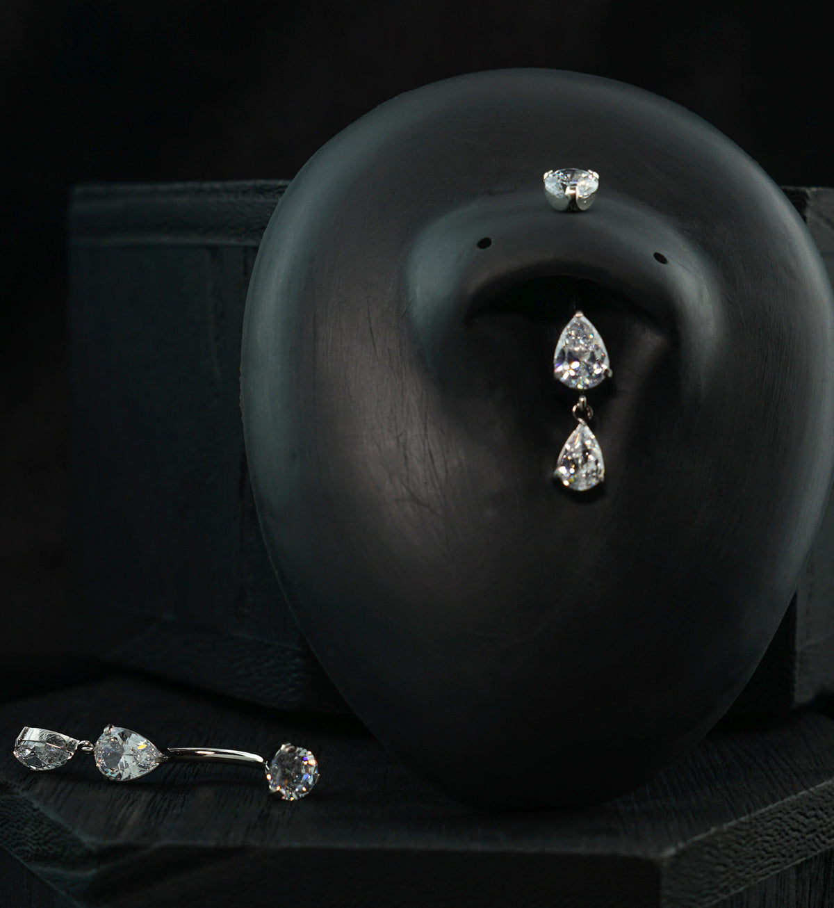 Double Teardrop Clear CZ Dangle Titanium Internally Threaded Belly Button Ring