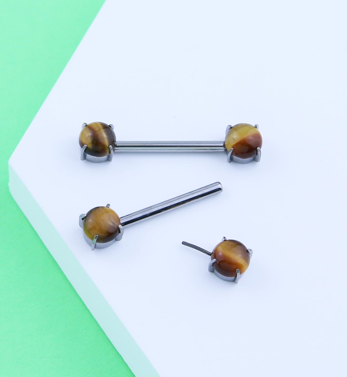 Double Tigers Eye Stone Threadless Titanium Nipple Barbells