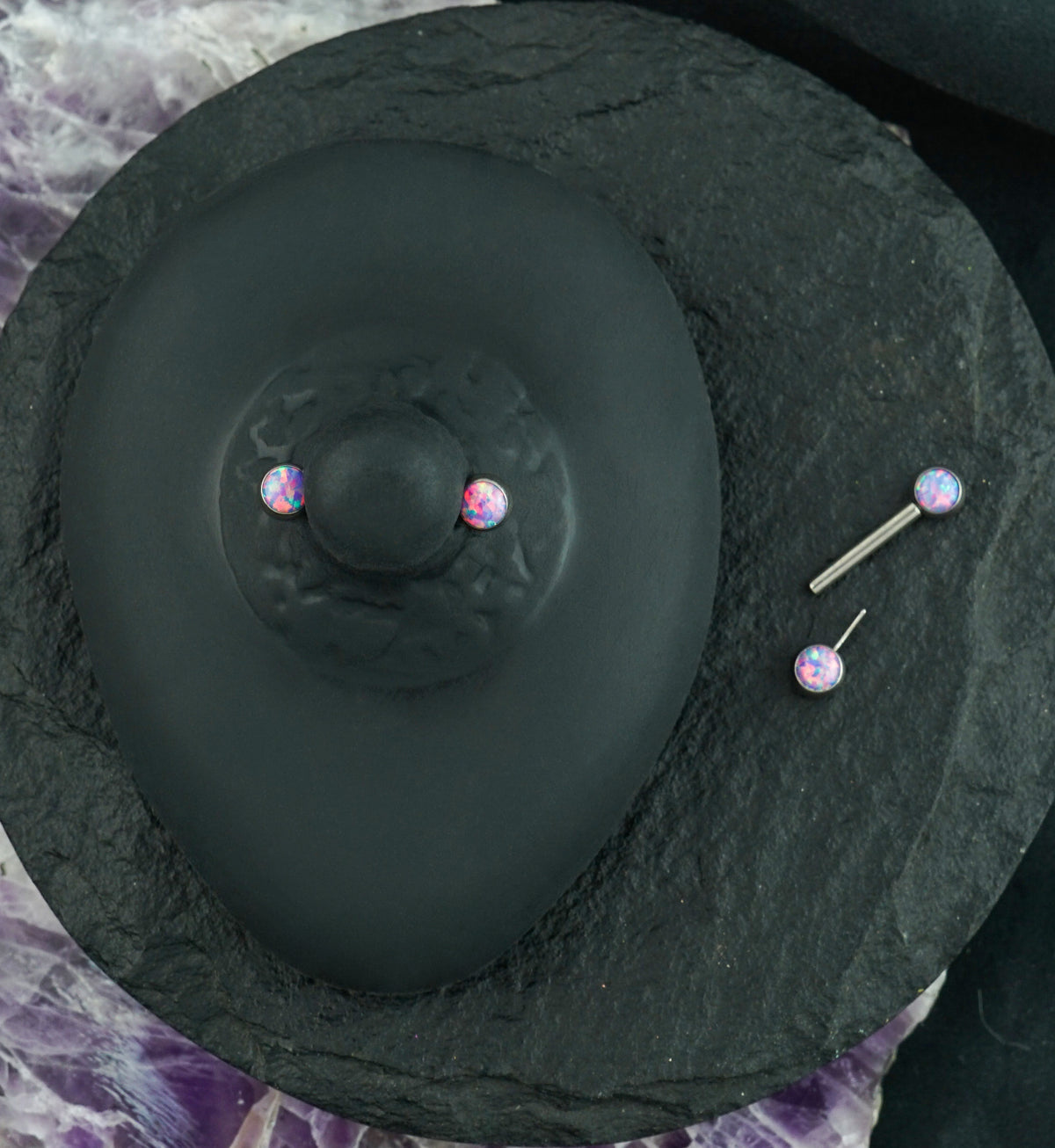 Dual Bezel Purple Opalite Titanium Threadless Nipple Ring Barbell