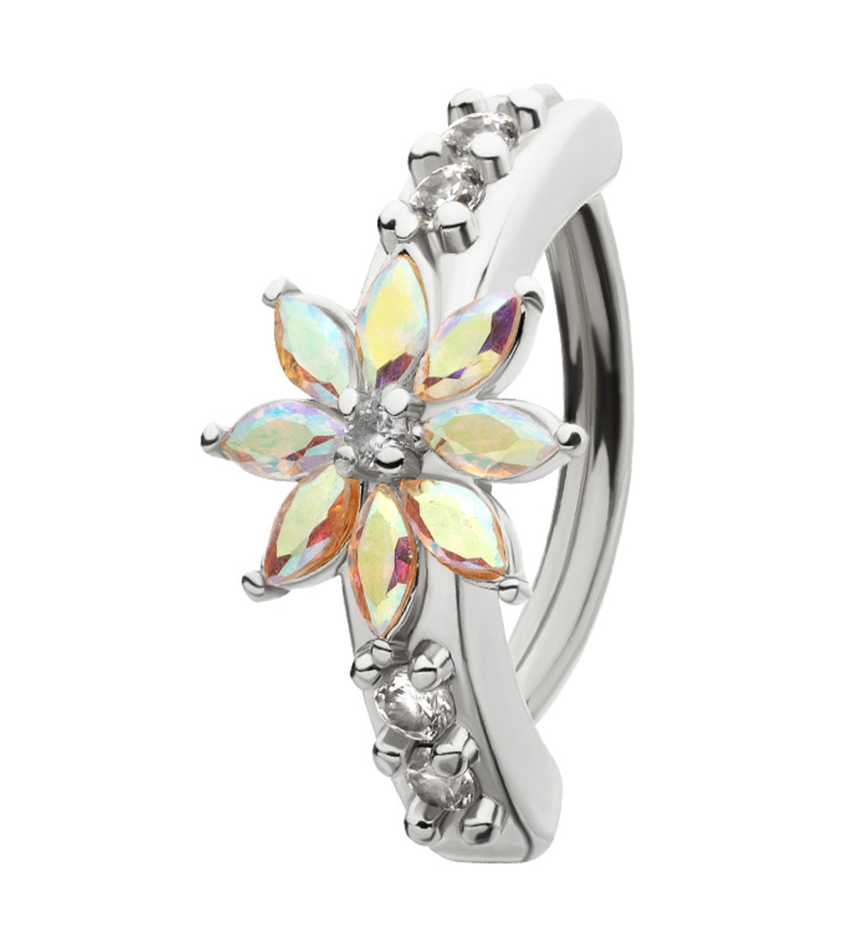 Elegant Flower Rainbow Aurora CZ Stainless Steel Hinged Belly Button Ring