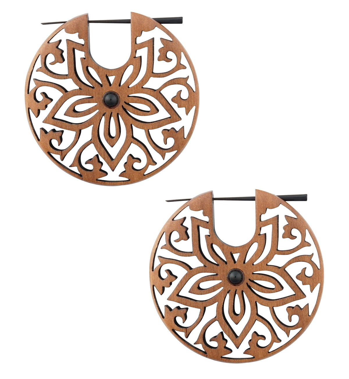 Floral Black Onyx Inlay Narra Wood Earrings