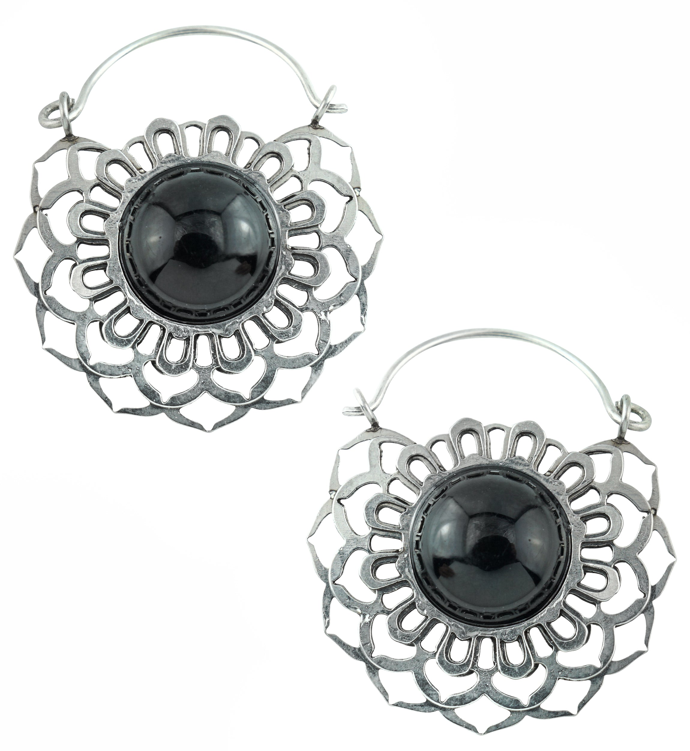 Floral Black Onyx Stone Inlay Stainless Steel Earrings