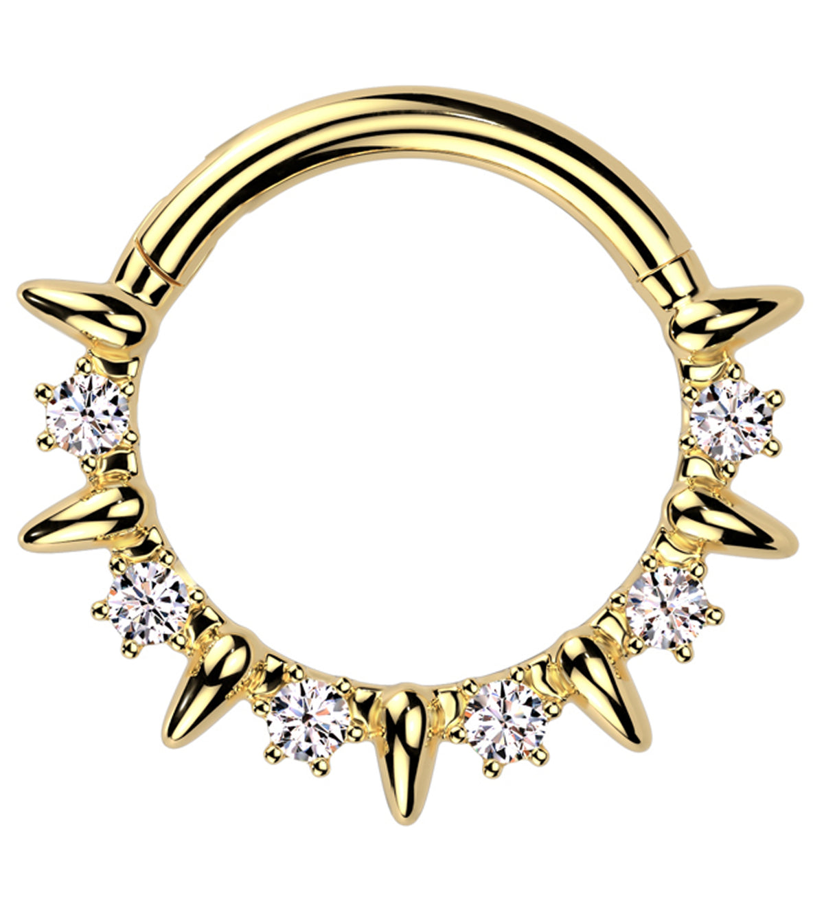 Gold PVD Alternate Spikes Clear CZ Stainless Steel Hinged Segment Ring