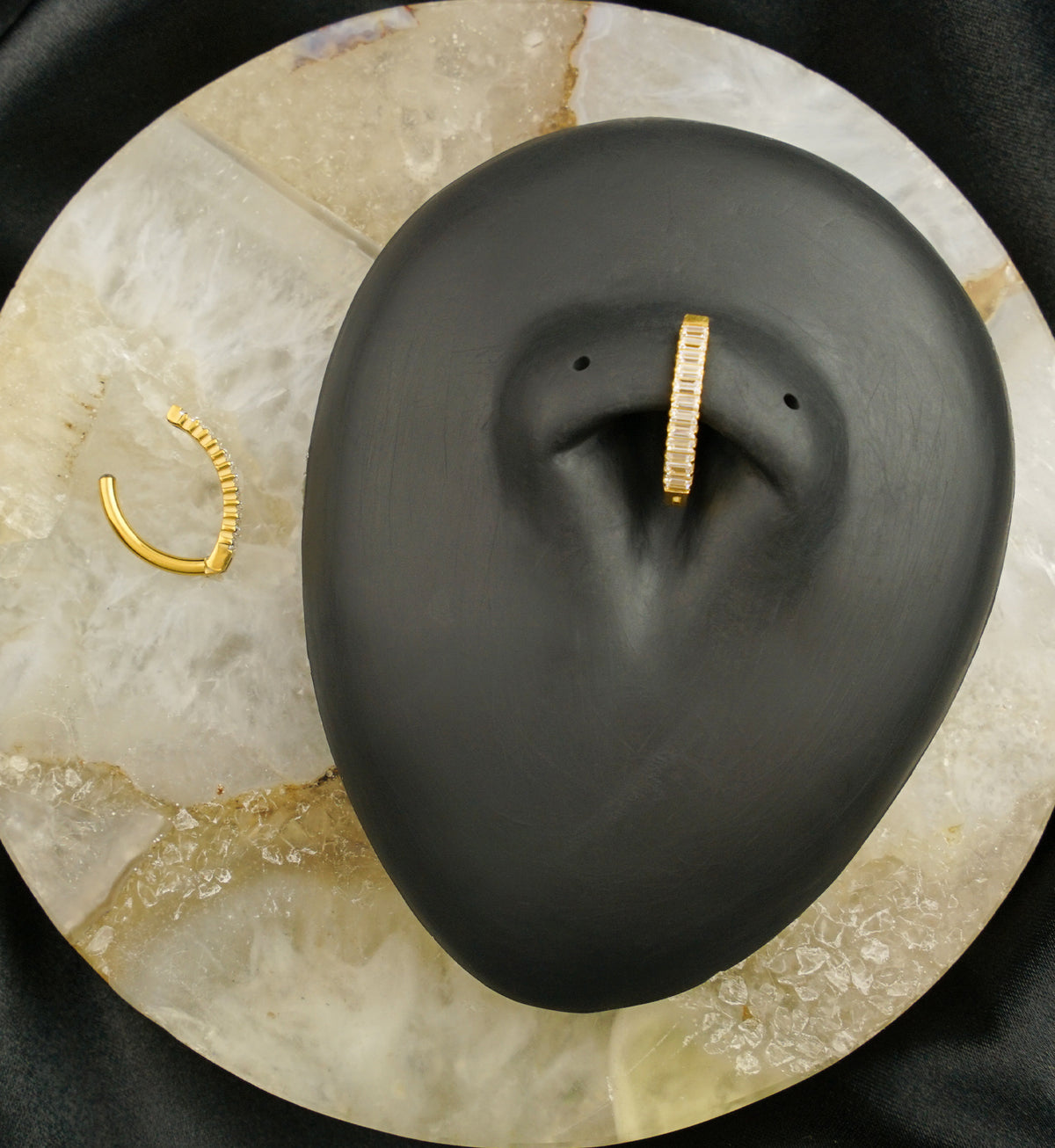 Gold PVD Baguette Clear CZ Row Titanium Hinged Belly Button Ring