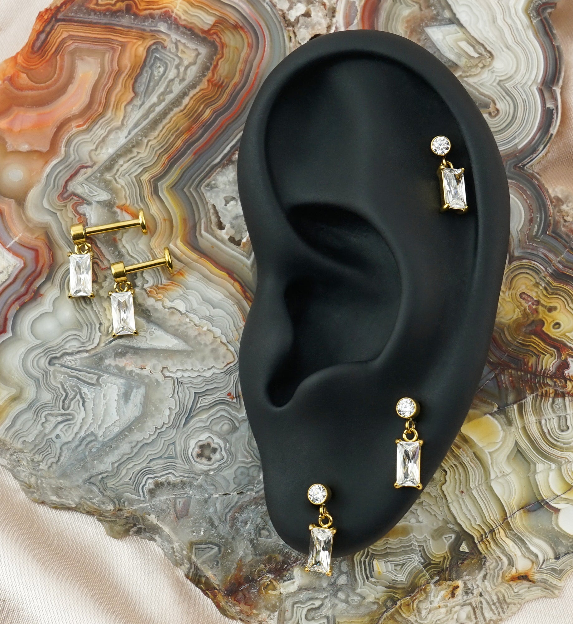 Gold PVD Baguette CZ Dangle Internally Threaded Stainless Steel Labret