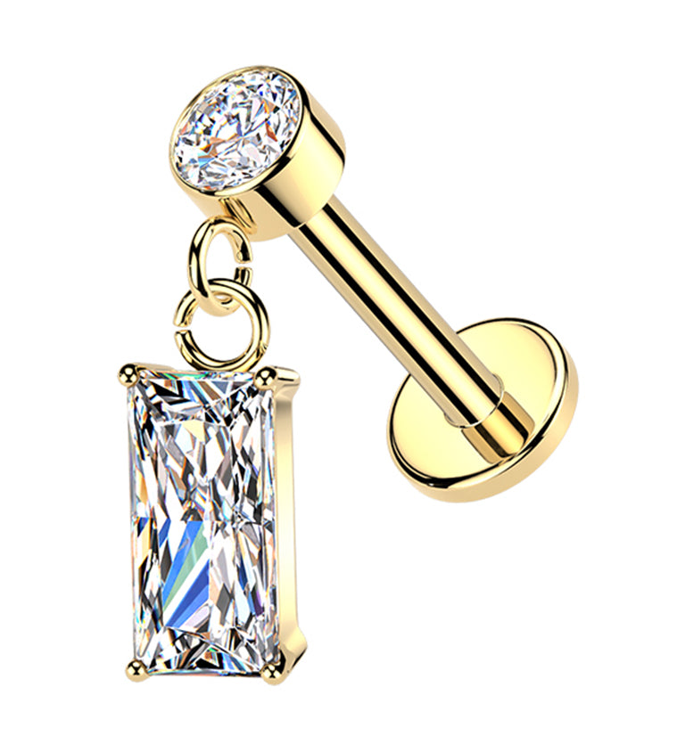 Gold PVD Baguette CZ Dangle Internally Threaded Stainless Steel Labret