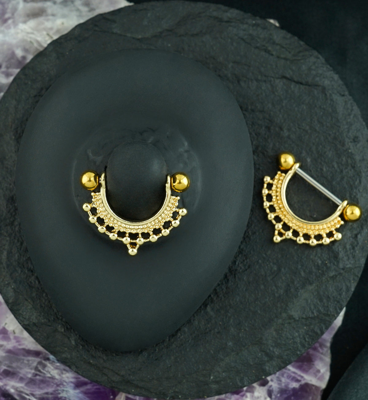 Gold PVD Beaded Crown Nipple Ring Barbell