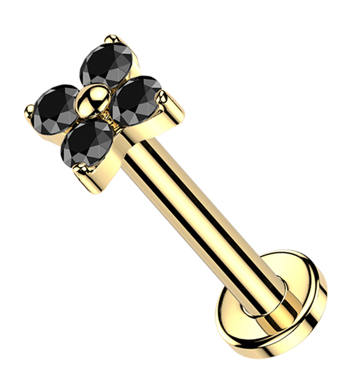 Gold PVD Blossom Black CZ Titanium Threadless Labret by Urban Body Jewelry