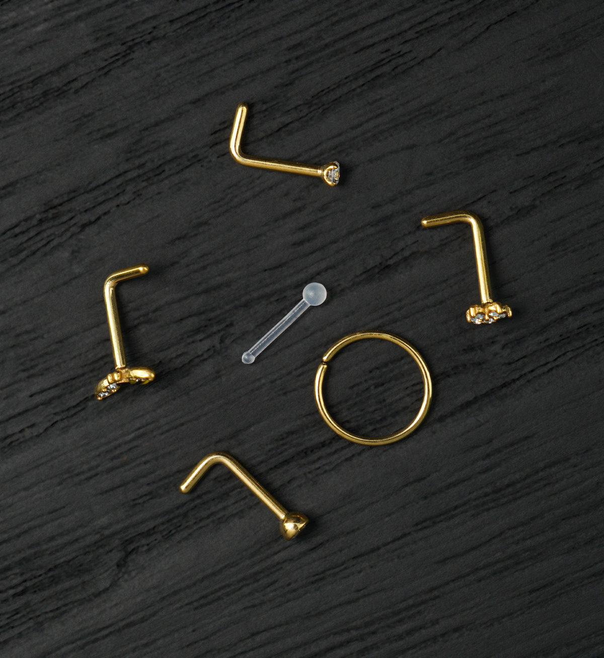 Gold PVD Blossom Clear CZ Stainless Steel L Bend/Stud/Hoop Variety Pack (6 Pack)