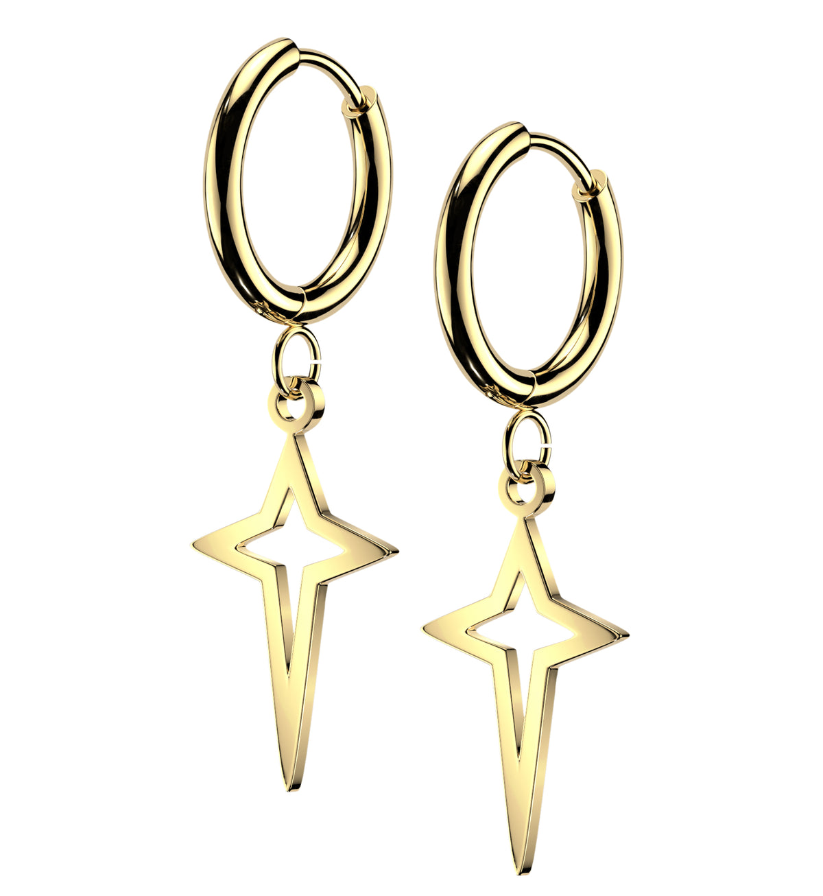 Gold PVD Bold Four Point Star Stainless Steel Hinged Earrings