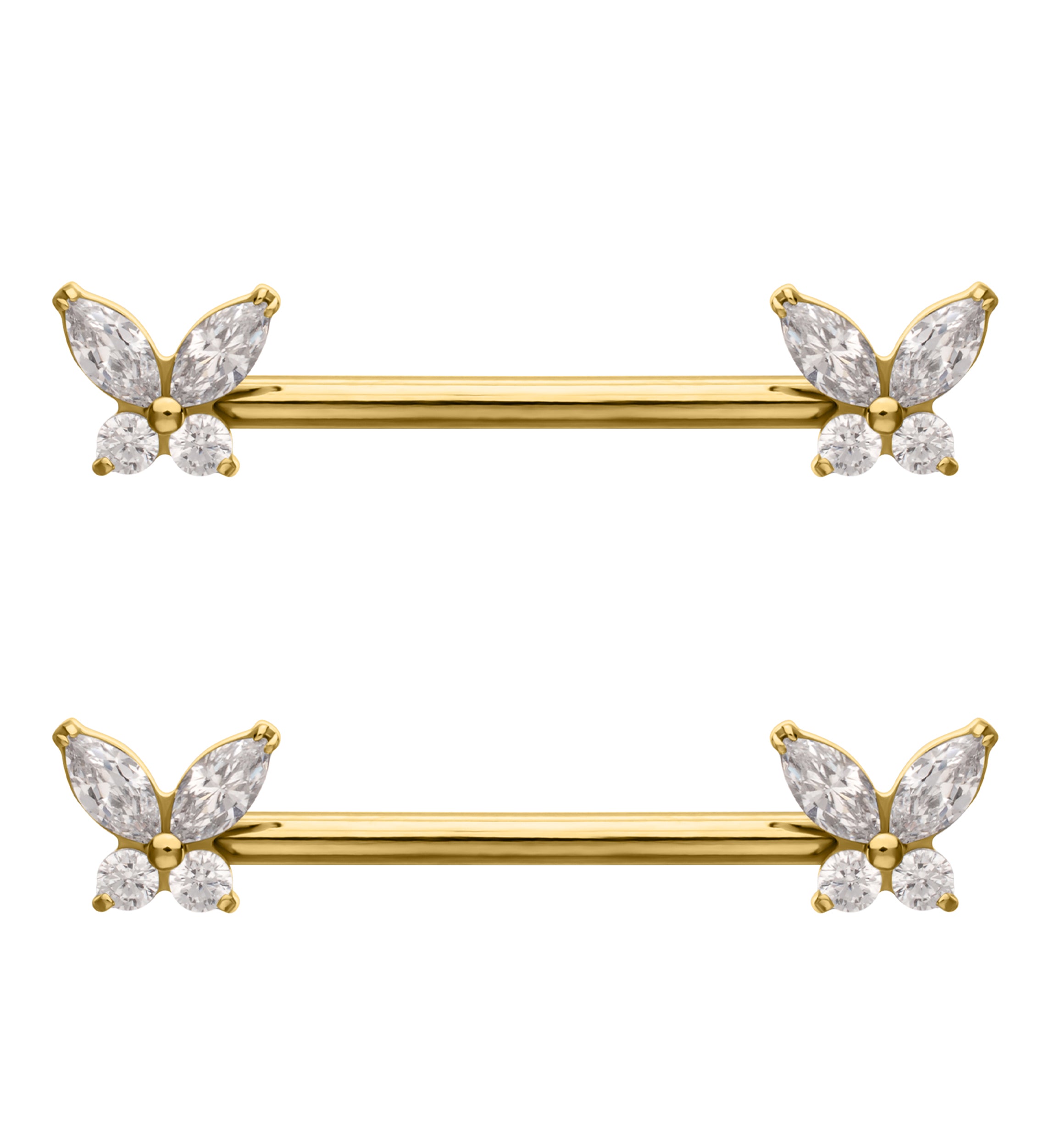 24kt Gold PVD Butterfly Clear CZ Internally Threaded Titanium Nipple Barbell