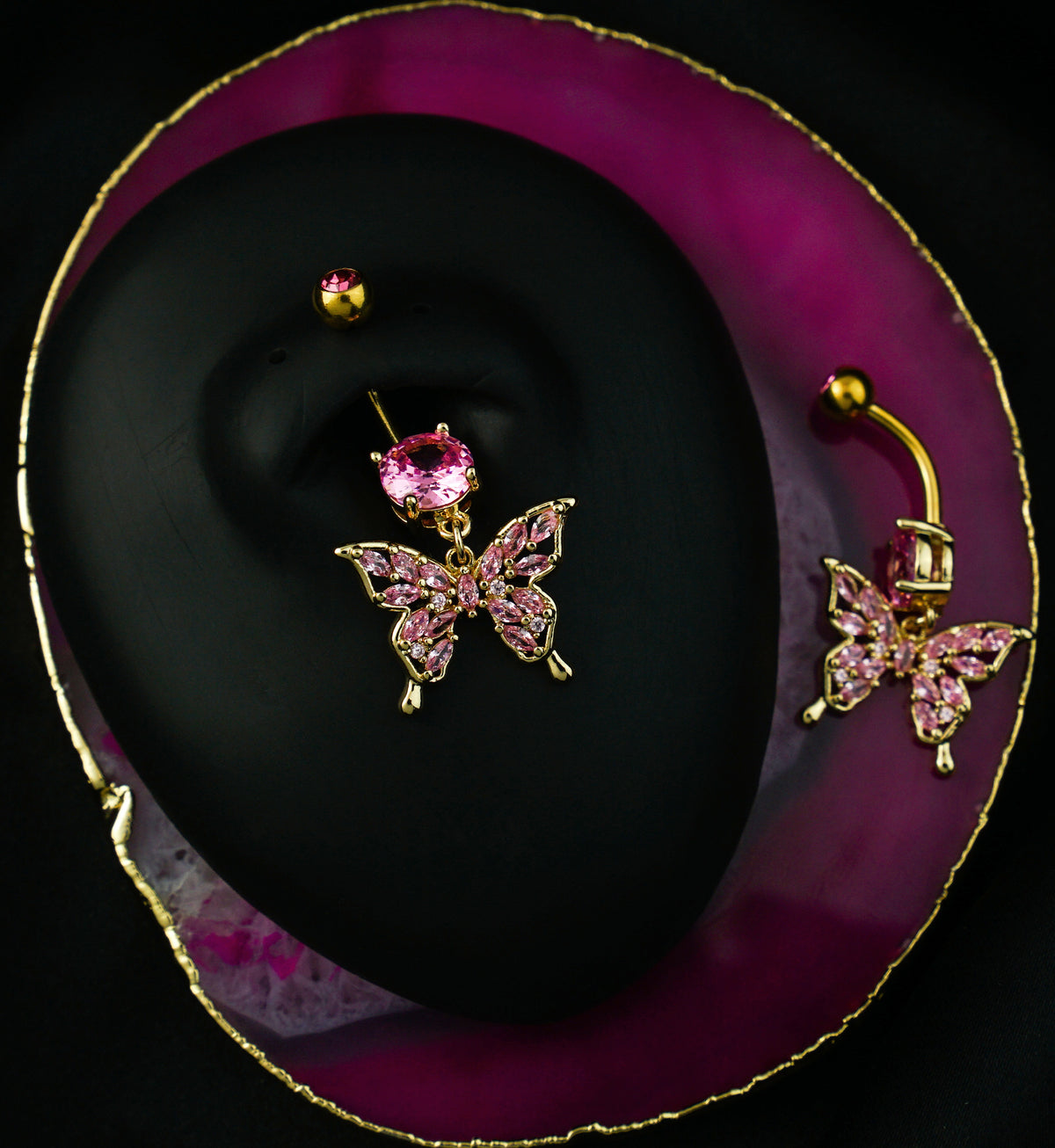 Gold PVD Butterfly Marquise Pink CZ Filled Dangle Stainless Steel Belly Button Ring