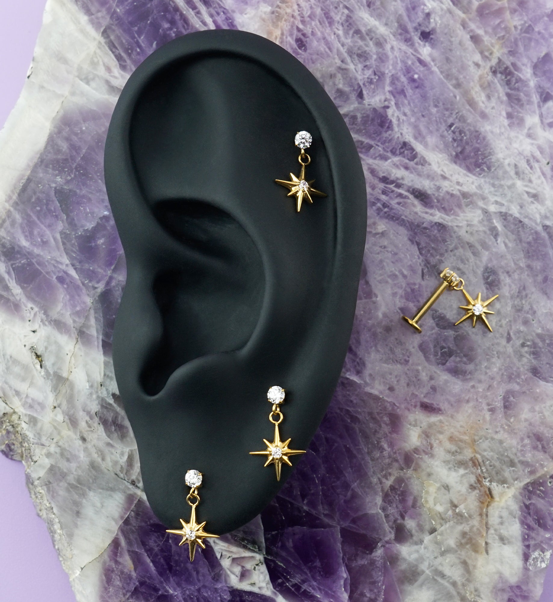Gold PVD Cardinal Points CZ Dangle Internally Threaded Titanium Labret