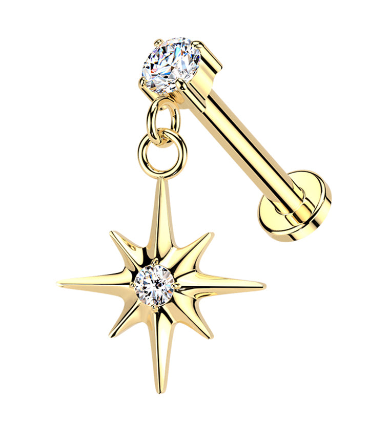 Gold PVD Cardinal Points CZ Dangle Threadless Titanium Labret