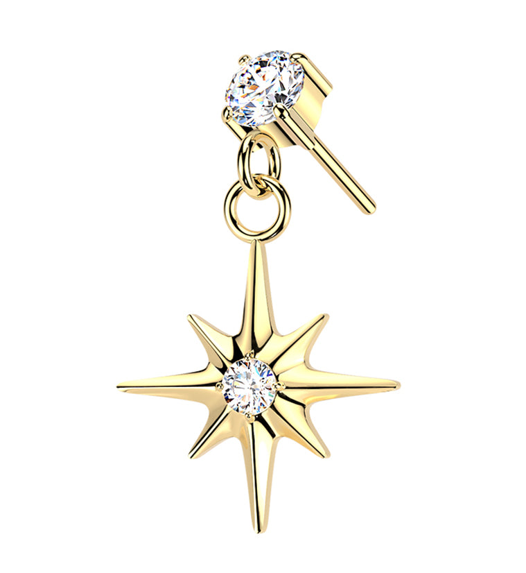 Gold PVD Cardinal Points CZ Dangle Titanium Threadless Top