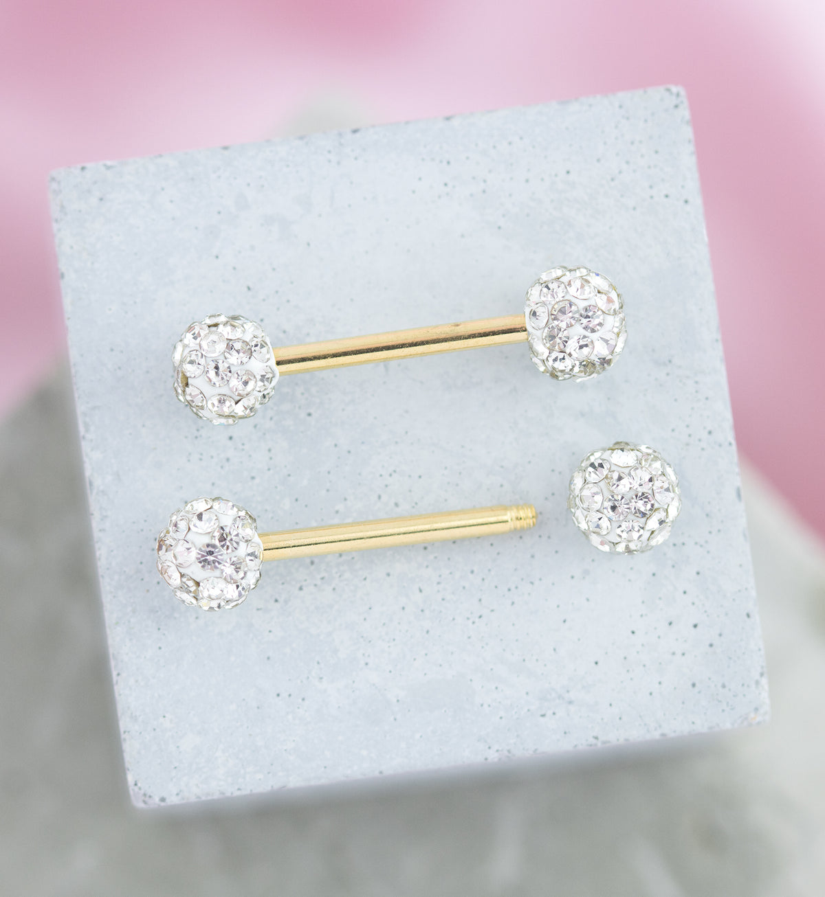 Gold PVD Clear Crystal Ball CZ Stainless Steel Externally Threaded Nipple Barbell