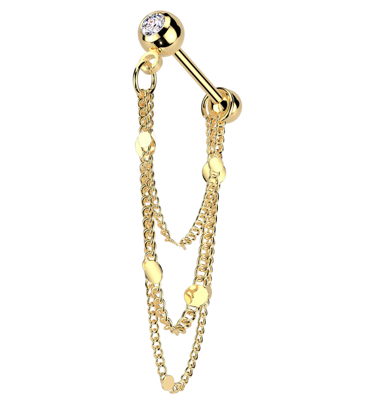 Gold PVD Clear CZ Stainless Steel Flat Disk Dangle Triple Chain
