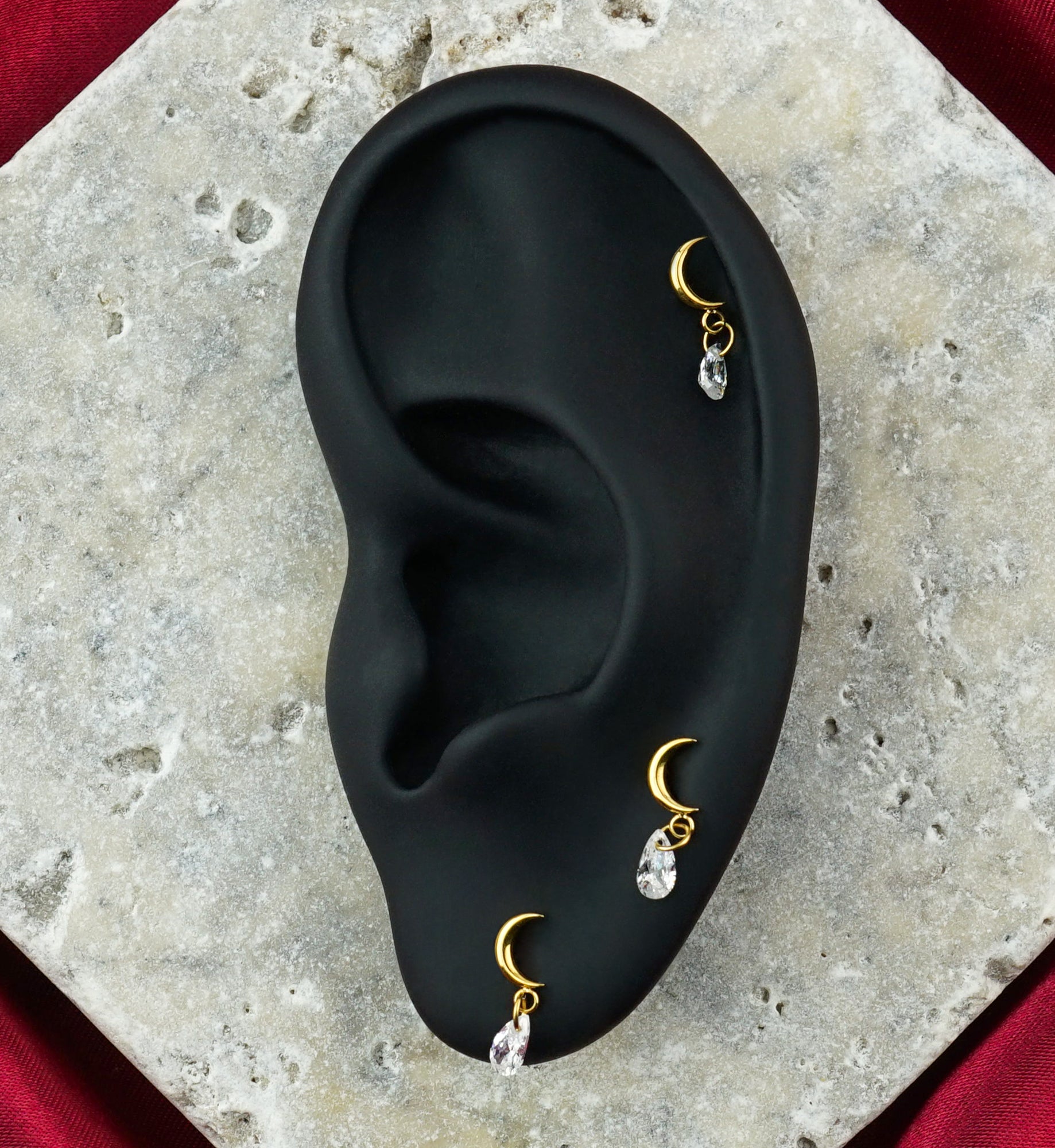 Gold PVD Crescent Moon Teardrop CZ Dangle Titanium Internally Threaded Labret