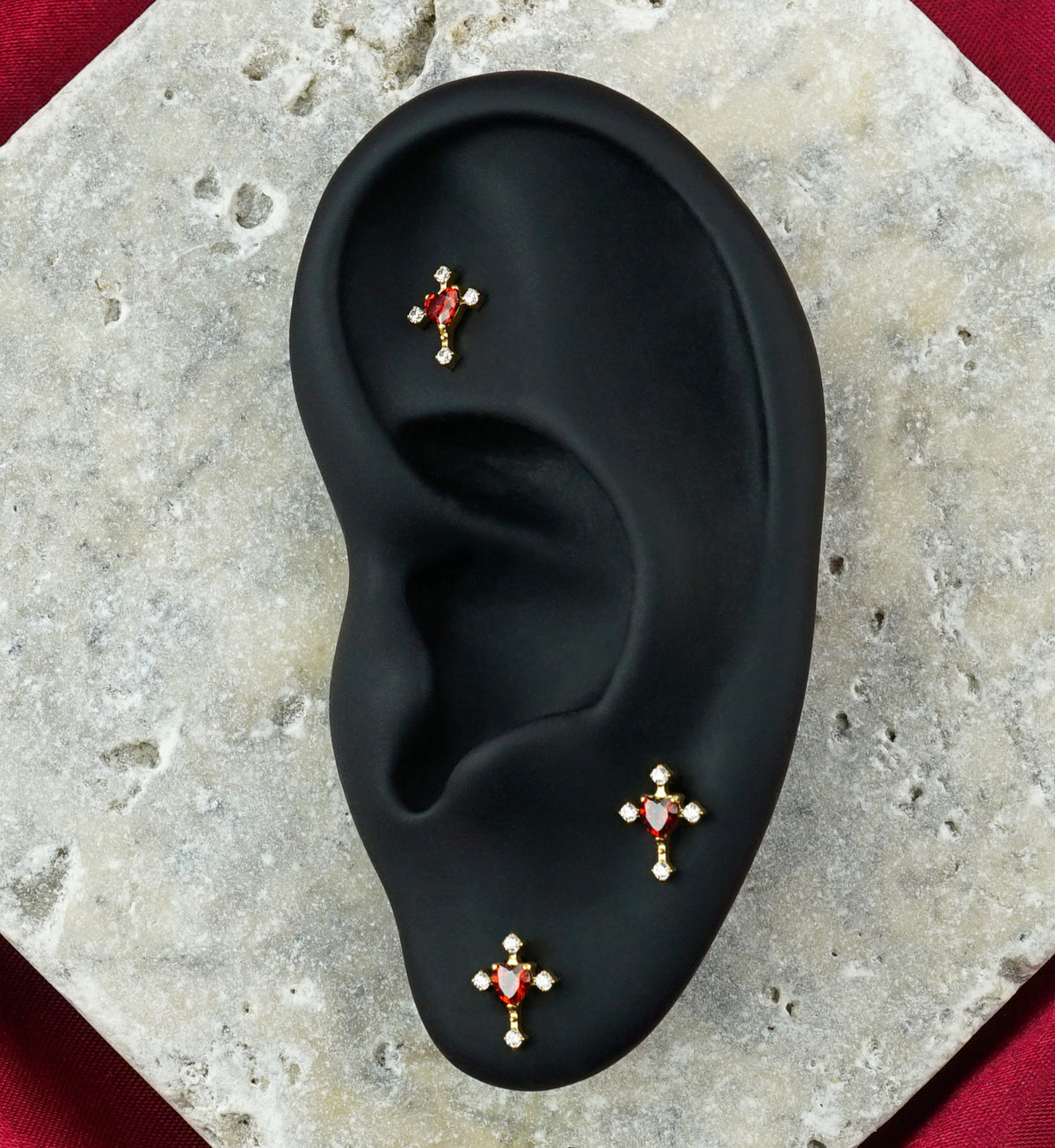 Gold PVD Cross Heart Red CZ Titanium Threadless Top