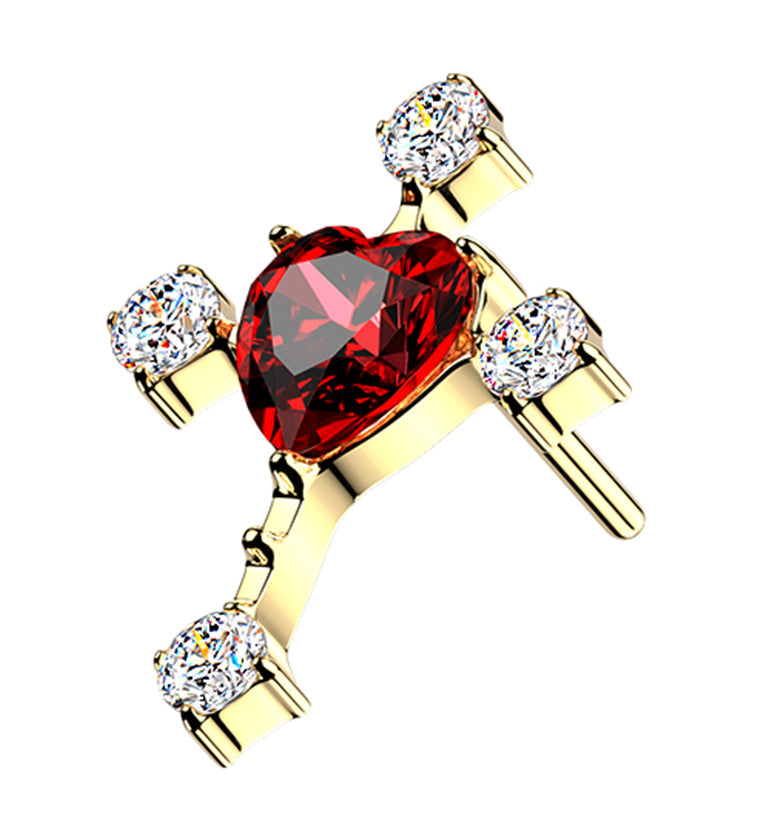 Gold PVD Cross Heart Red CZ Titanium Threadless Top