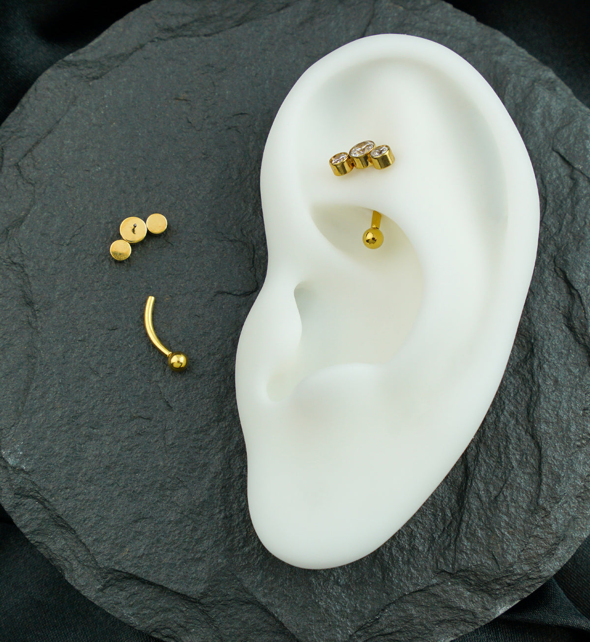 Gold PVD Curve Triple Clear CZ Threadless Titanium Curved Barbell