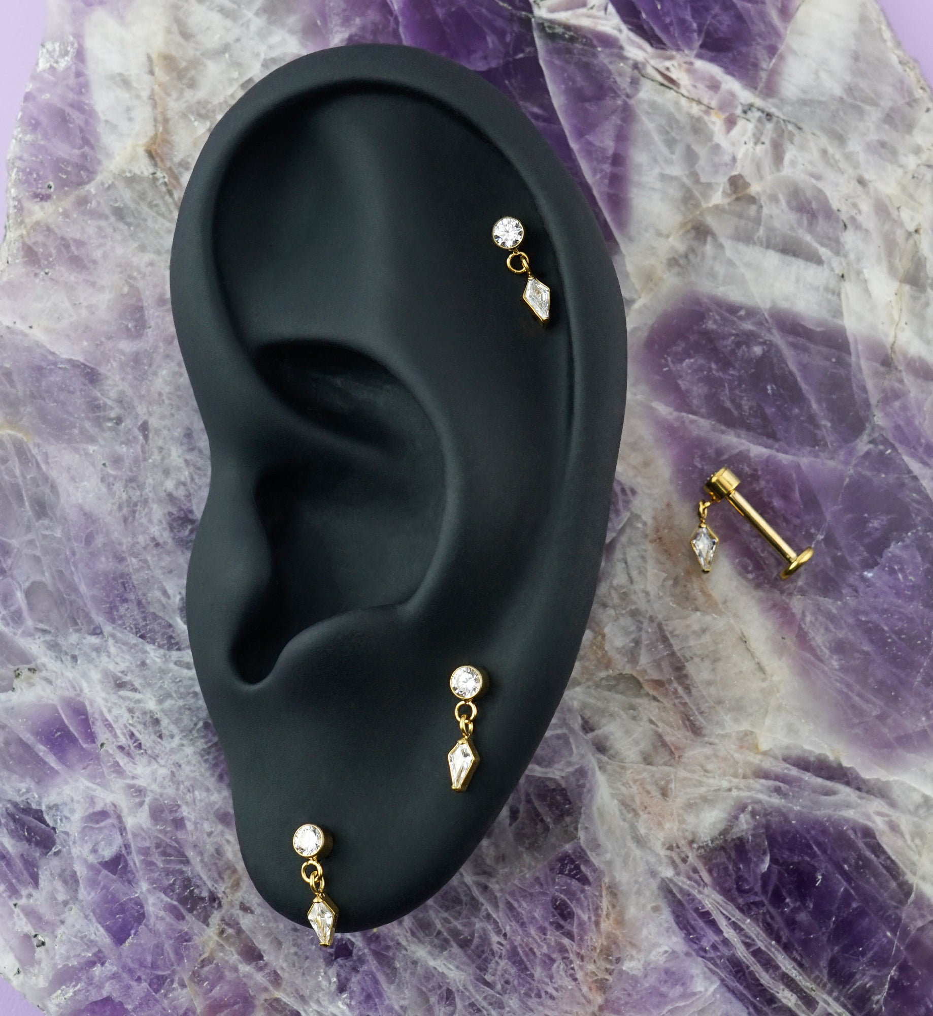 Gold PVD Dart CZ Dangle Titanium Internally Threaded Labret