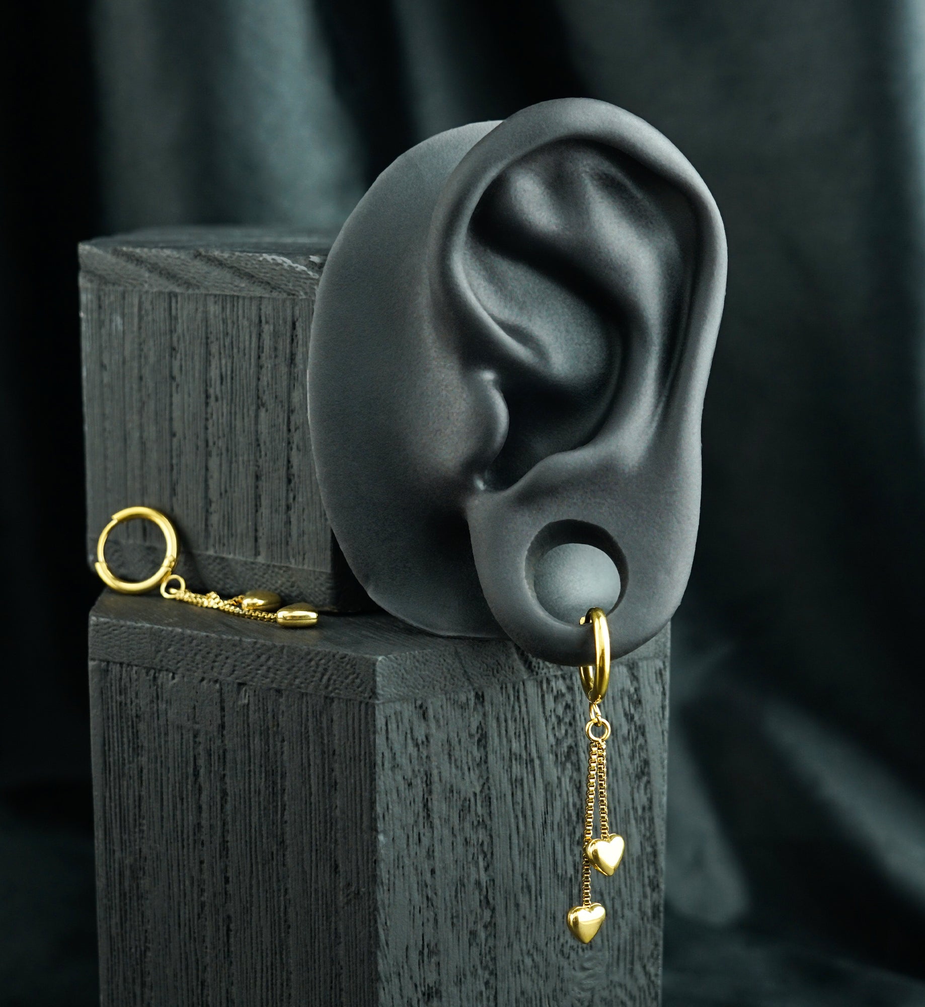 Gold PVD Double Heart Chain Stainless Steel Hinged Hoop Earrings