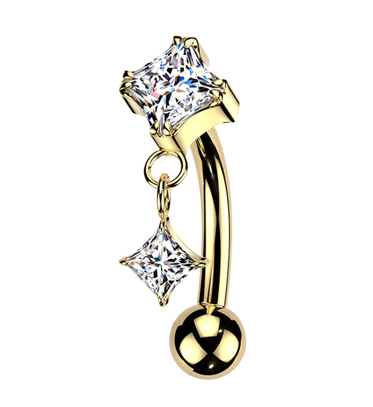 Gold PVD Double Rhombus CZ Dangle Titanium Threadless Curved Barbell