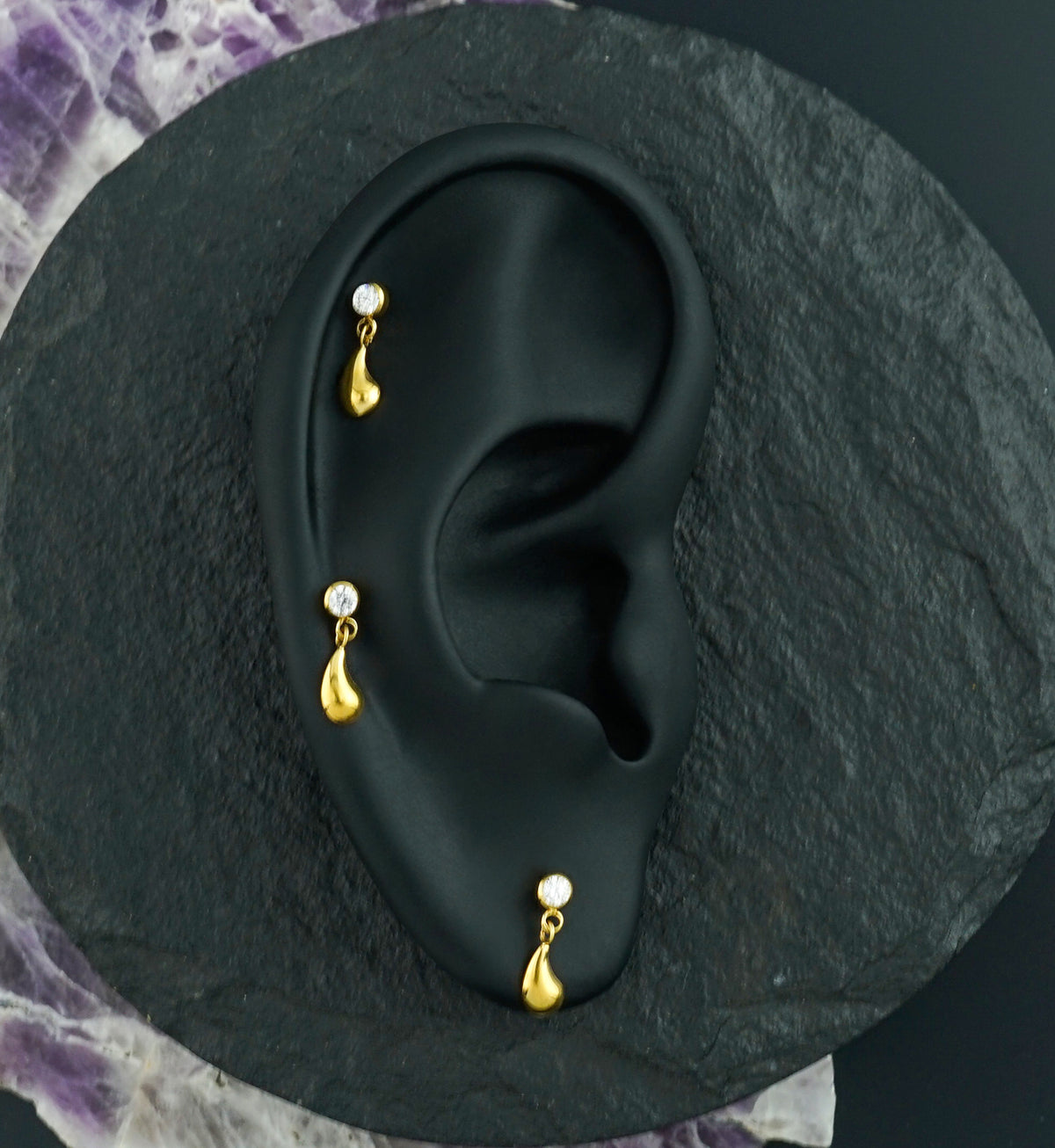 Gold PVD Droplet CZ Dangle Titanium Threadless Top