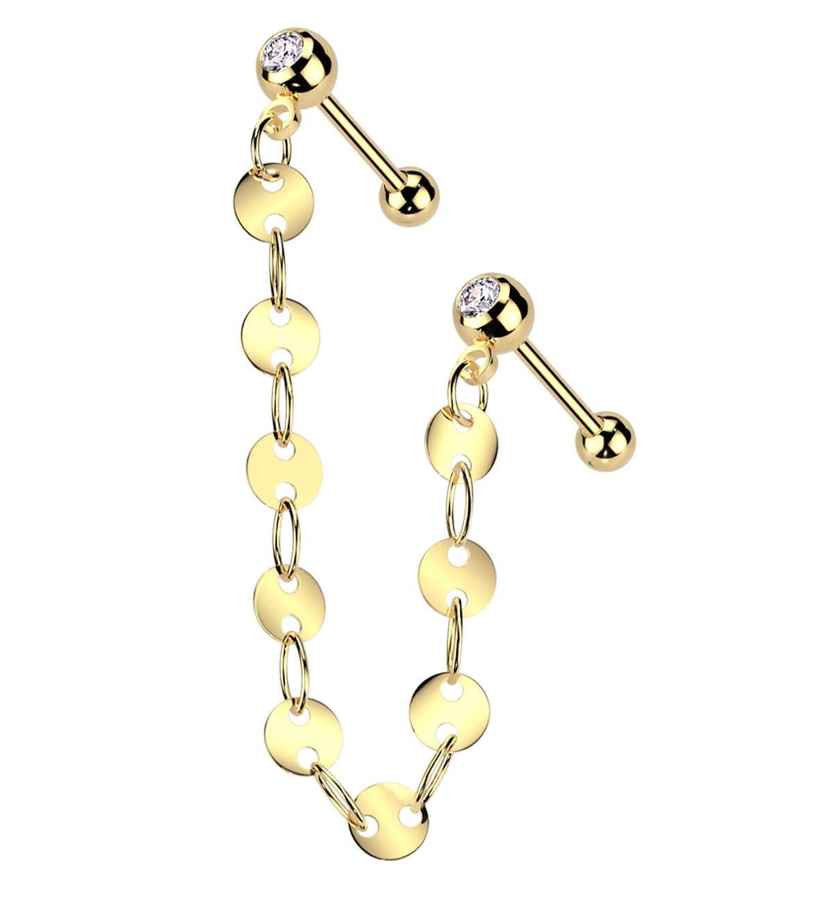 Gold PVD Dual Barbell Clear CZ Stainless Steel Flat Disk Link Piercing Chain