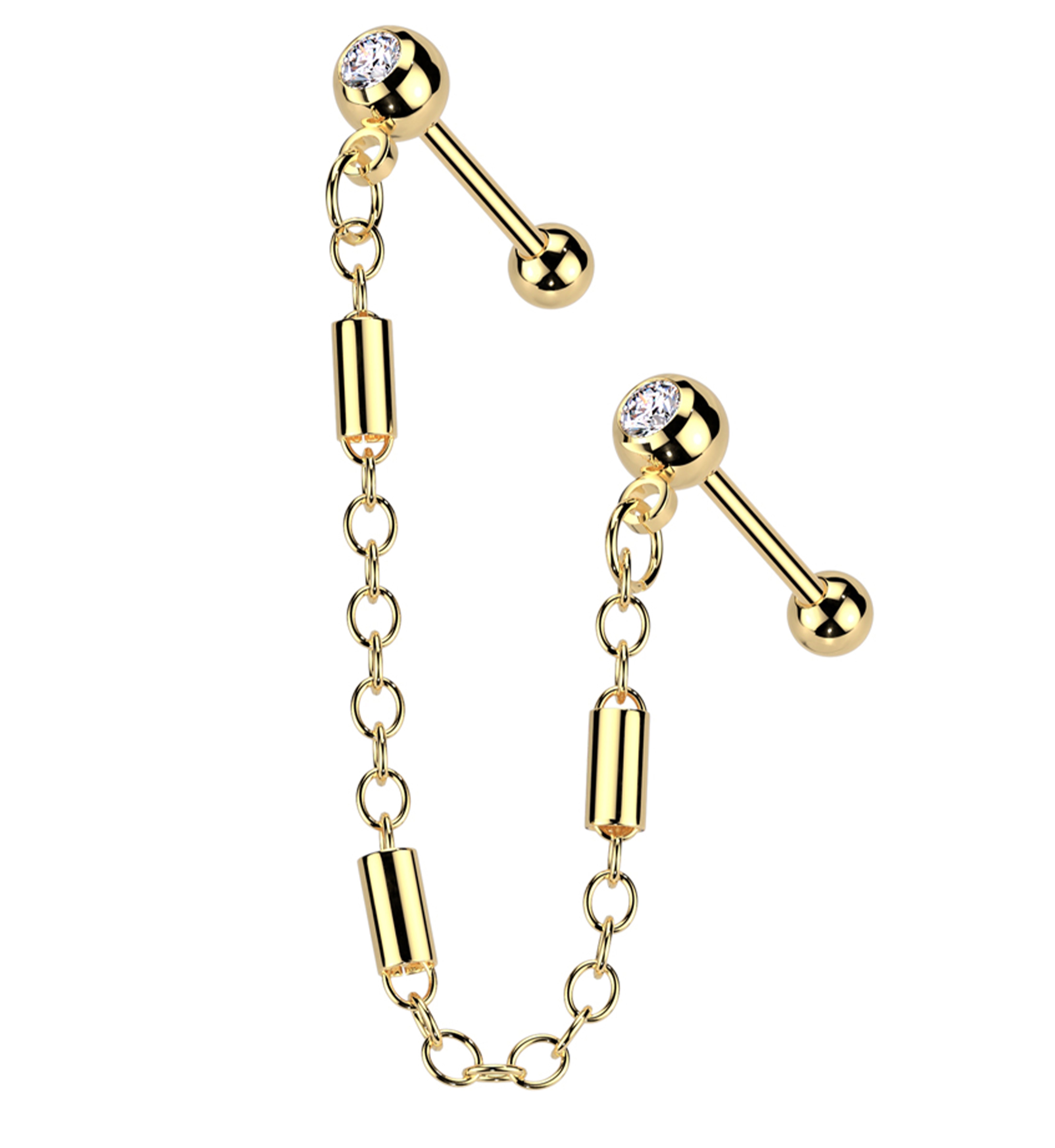 Gold PVD Dual Barbell Clear CZ Stainless Steel Link Piercing Chain