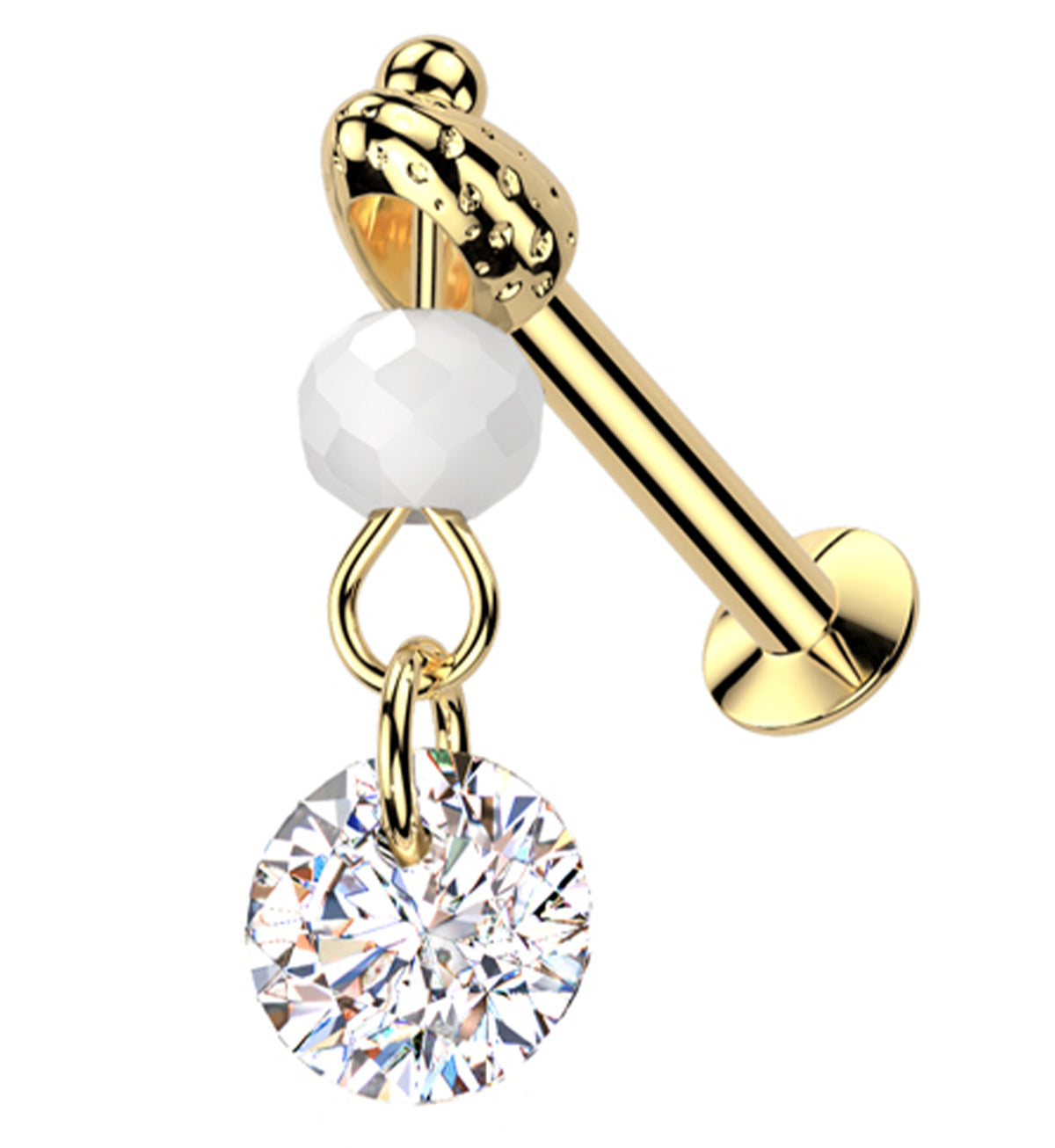 Gold PVD Faceted Bead Clear CZ Dangle Stainless Steel Convex Back Threadless Labret