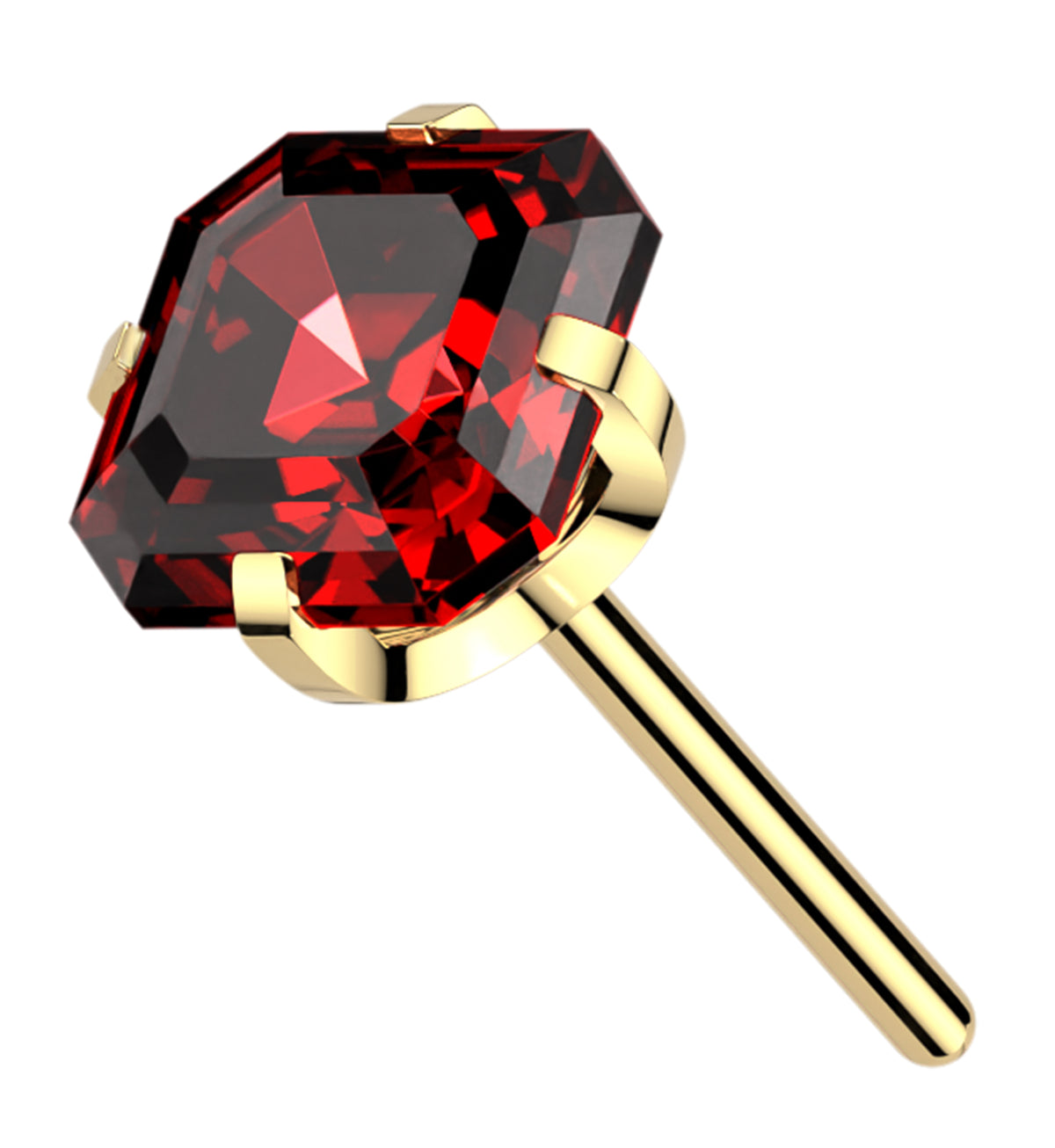 Gold PVD Faceted Square Red CZ Titanium Threadless Top by Urban Body Jewelry