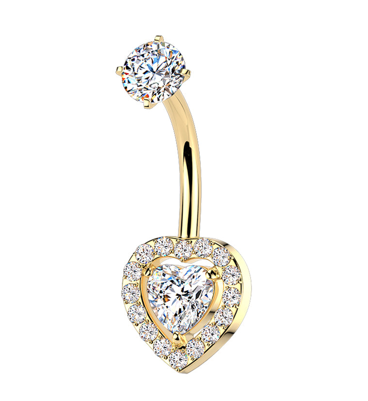 Gold PVD Framed Heart CZ Stainless Steel Internally Threaded Belly Button Ring