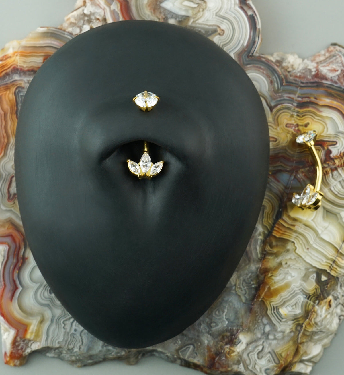 Gold PVD Frond CZ Stainless Steel Internally Threaded Belly Button Ring