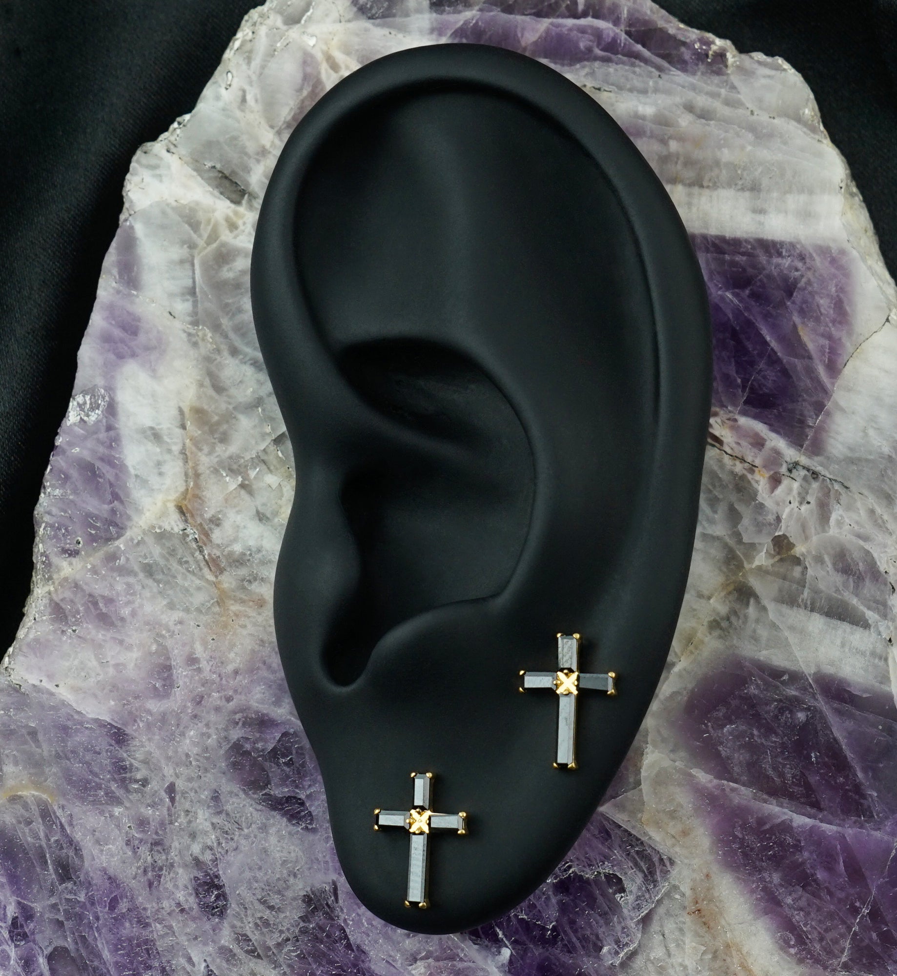 Gold PVD Geo Cross Black CZ Titanium Threadless Top
