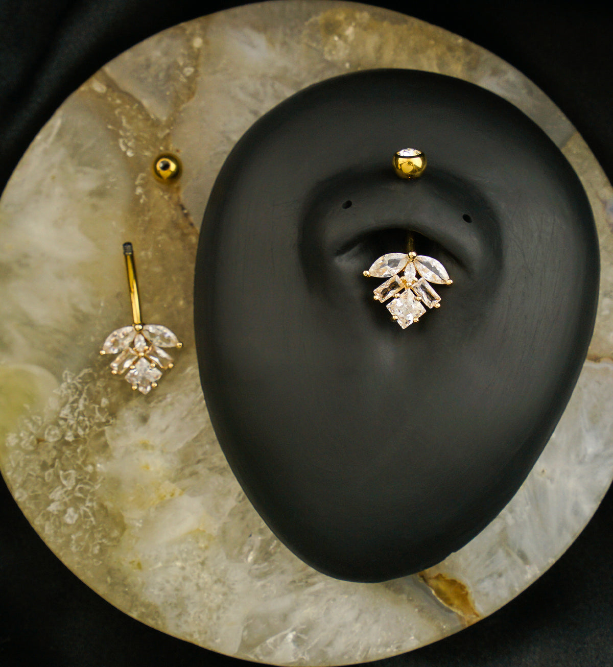 Gold PVD Geometric Leaf Cluster Clear CZ Titanium Belly Button Ring